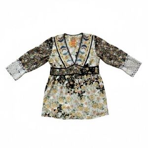 Johnny Was Floral Tunic with Black and Cream Accents 100% Silk